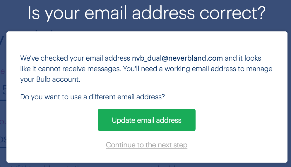 Is your email address correct dialog
