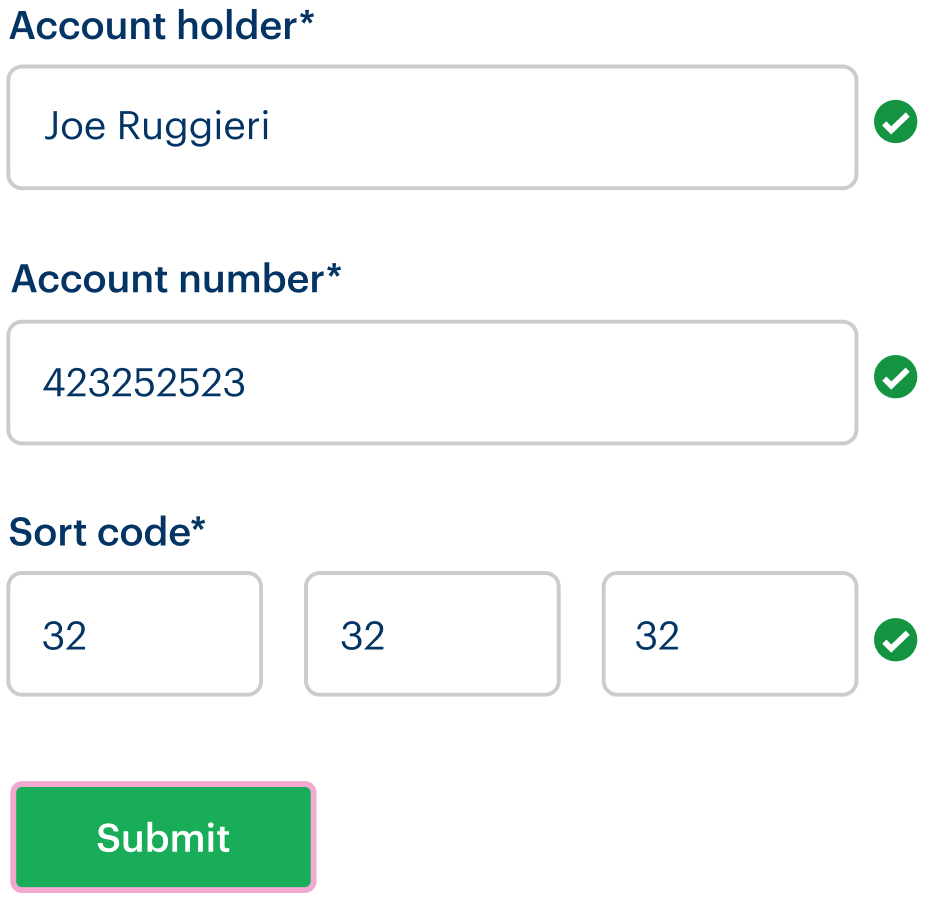 positive validation of card number and sort code, showing ticks
