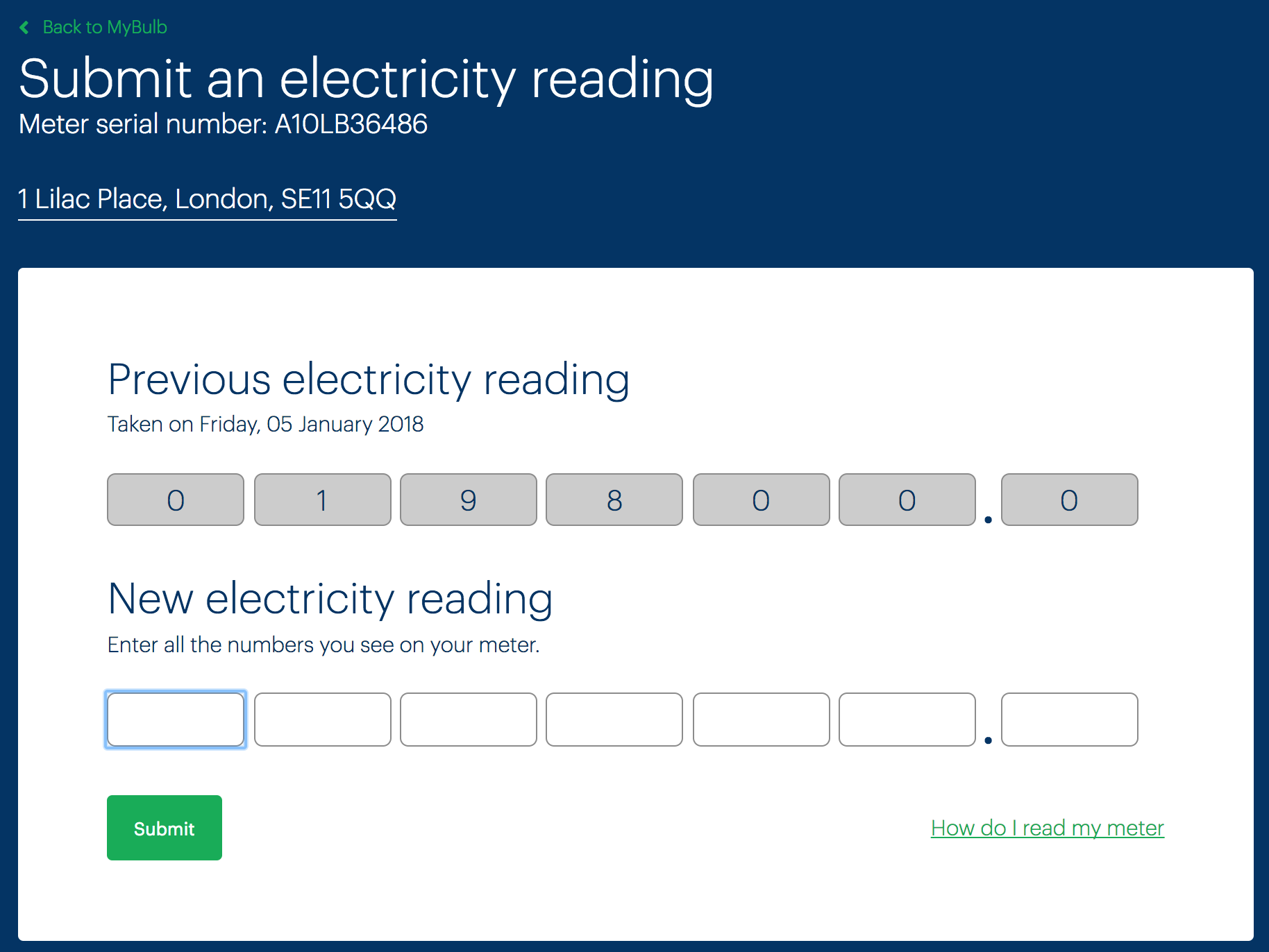 Submit an electricity reading page