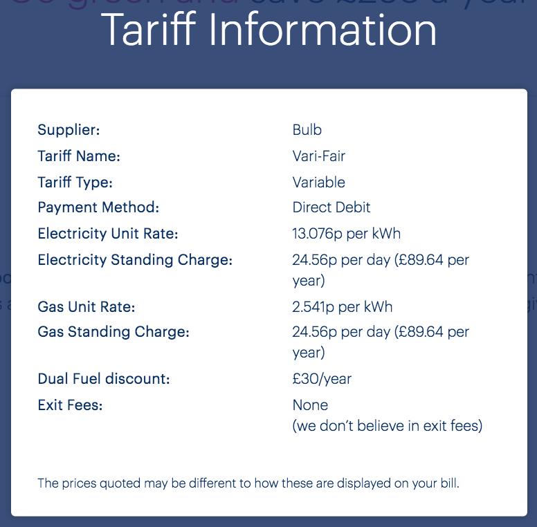 Tariff information dialog, currently with no close button